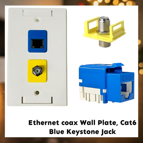 RJ-EC-04 Ethernet coax Wall Plate, Cat6 Blue Keystone Jack - R.J. Enterprises